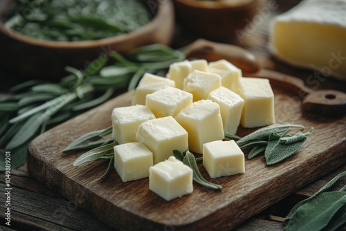 Fresh cheese cubes arranged on a wooden board with herbs and nuts in a bright...