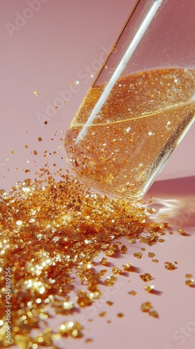 Sparkling drink spills golden glitter on a soft pink surface during a celebra...
