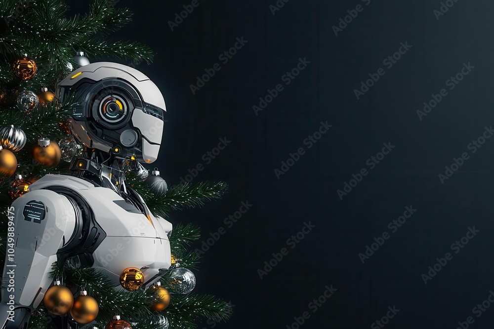 Robot with futuristic present beside a tree filled with ornaments symbolizing the merging of AI and festive spirit side view digital tone Tetradic color scheme Robot with futuristic present beside a tree filled with ornaments symbolizing the merging of AI and festive spirit side view digital tone Tetradic color scheme