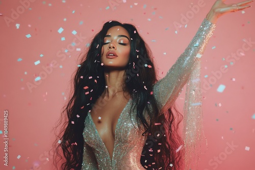 A glamorous celebration with confetti and sparkling attire in a vibrant setting