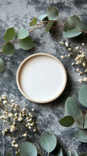 A simple round white plate surrounded by fresh greenery and delicate flowers ...