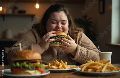 A plump fat woman at the table eating a hamburger, close-up