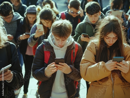 Group of people are walking down the street, all of them looking at their cell phones. Concept of disconnection and isolation, as the people are more focused on their devices than on each other photo