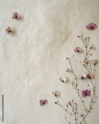 
Cream-colored letter paper with dark brown handwritten calligraphy and tiny pastel pressed flowers along the edge, adding a romantic touch. Slightly worn with soft wrinkles and yellowing for a nostal photo