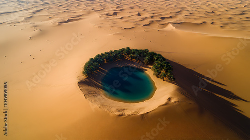 Aerial view of a desert oasis with palm trees