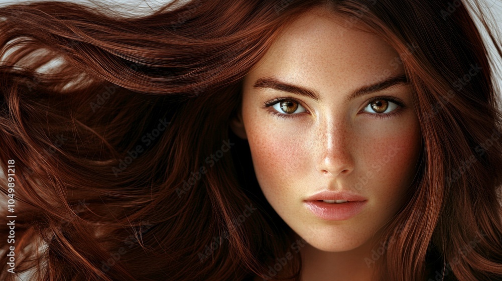 Naklejka premium Close-up of a woman with flowing brown hair, intense gaze, and natural freckles in a detailed digital illustration with soft lighting and subtle shadows.