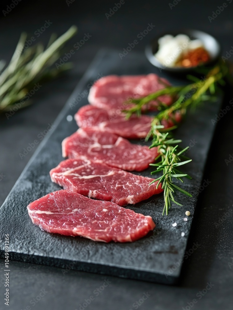 Slab of meat with a few sprigs of rosemary on top. The meat is cut into four pieces and is sitting on a black cutting board Slab of meat with a few sprigs of rosemary on top. The meat is cut into four pieces and is sitting on a black cutting board