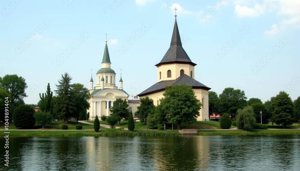 Fototapeta premium Tranquil waterside church a serene scene