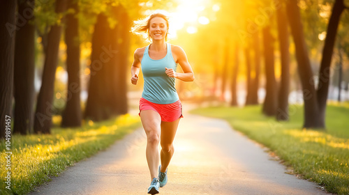 Fit woman jogging in a park during sunset