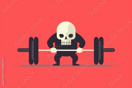 Skeleton is lifting a barbell in a cartoonish style. The skeleton is wearing a black shirt and he is in a serious or determined mood photo