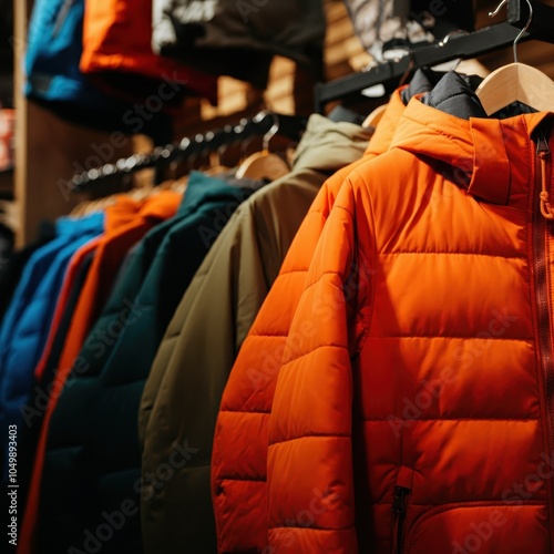 winter coats, clothing rack, colorful jackets, puffy orange coat, retail store, fashion display, warm outerwear, hanging garments, cozy attire, shopping, vibrant colors, layered clothing, seasonal wea photo