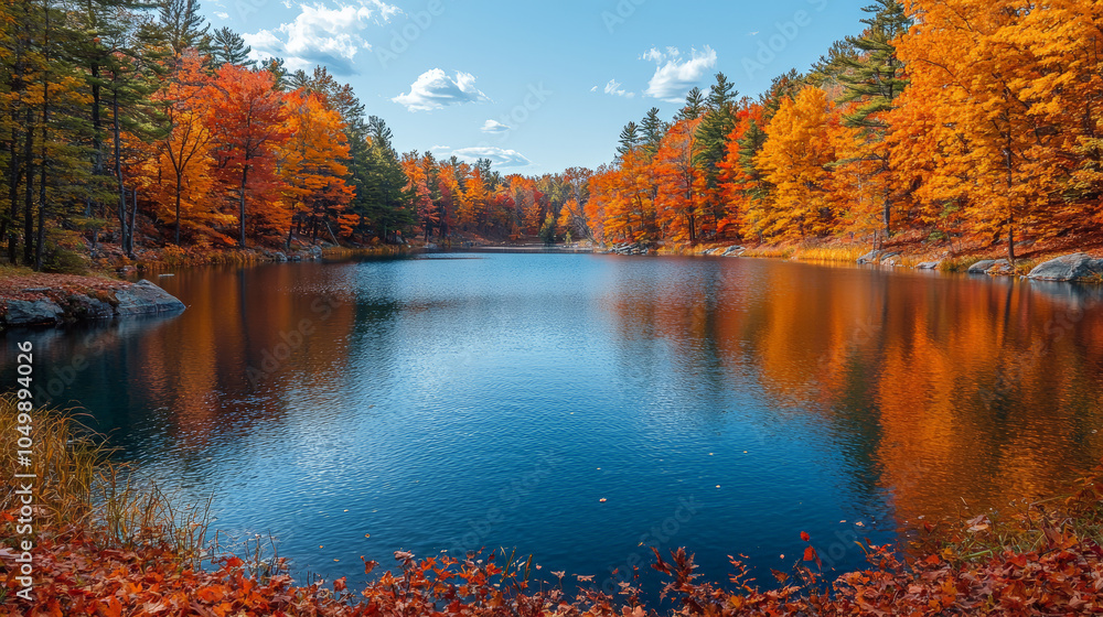 Obraz premium A breathtaking, realistic landscape photograph capturing the vibrant fall colors of Canadian lakes and forests. Generative AI