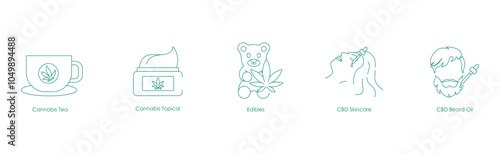 Icon Set Featuring CBD Wellness Products, Including Skincare, Edibles, Beard Oil, and Cannabis Tea Icons