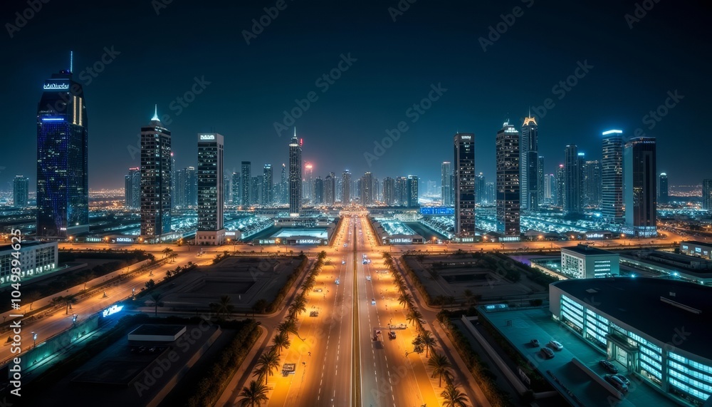 Fototapeta premium Bright cityscape at night illuminated skyscrapers and highways urban development