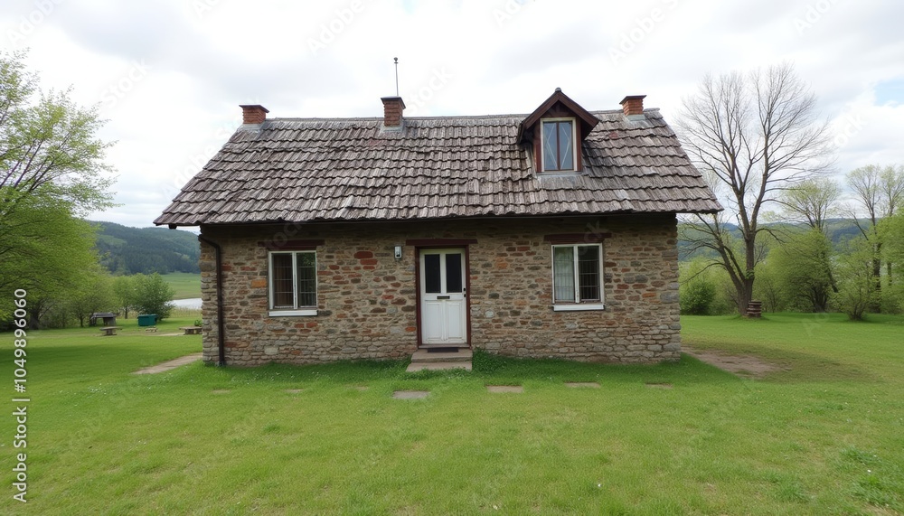 Obraz premium Cozy cottage nestled in a serene grassy field
