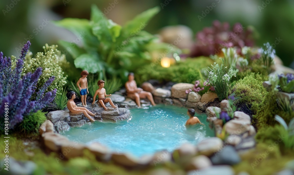 Miniature people relaxing by a pond. Miniature people relaxing by a pond.