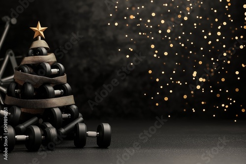 A creative Christmas tree made of stacked dumbbells wrapped with resistance bands and topped with a star, symbolizing fitness during the holiday season, set against a festive background