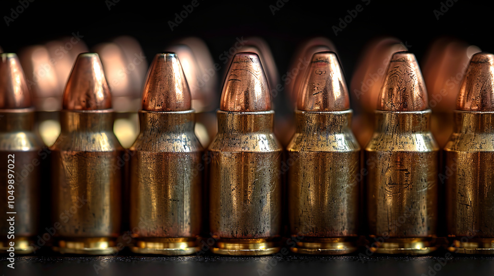 Close-up of 9mm bullets forming a row, emphasizing concepts of ammunition, weaponry, and conflict Close-up of 9mm bullets forming a row, emphasizing concepts of ammunition, weaponry, and conflict