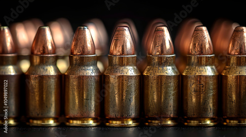 Close-up of 9mm bullets forming a row, emphasizing concepts of ammunition, weaponry, and conflict