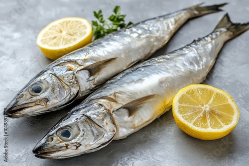 Fresh fish garnished with lemon and herbs on a rustic table ready for cooking...