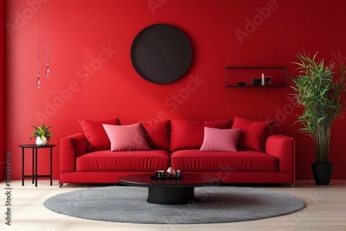 This lively living space features a striking red wall adorned with a large em...