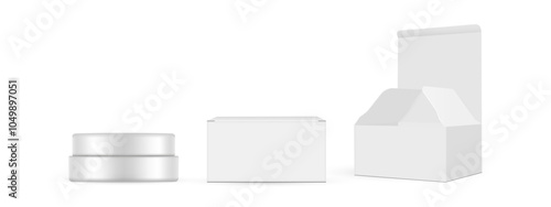 Two Packaging Boxes With Small Plastic Cosmetic Jar, Front And Side View, Opened And Closed Lid. Vector Illustration