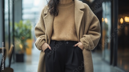 Stylish woman in a cozy sweater and elegant coat inside a modern cafe during ...
