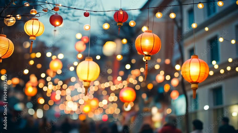 Colorful lanterns illuminate a city street at dusk, creating a festive atmosphere Colorful lanterns illuminate a city street at dusk, creating a festive atmosphere