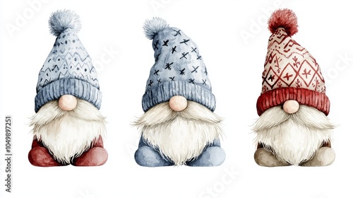 Set of nordic magic dwarfs in watercolor with hats and Scandinavian ornaments. photo