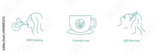 Icon Set Featuring Popular CBD Products and Wellness Solutions Including Smoking Accessories, Cannabis Tea, and Skin Care Items