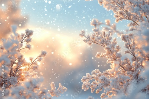 Snow covered branches glistening under soft sunlight during a winter afternoo...