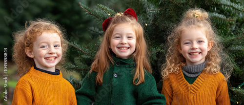 Cheerful children in festive sweaters smile brightly in front of Christmas tree, capturing joy of holiday season. Their vibrant outfits and joyful expressions create heartwarming scene photo