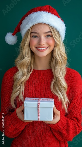 Cheerful young woman wearing a Santa hat holds a gift in a festive setting du...