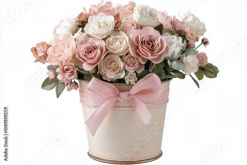 Charming pink and white flowers in a metal bucket with ribbons on a bright ba...