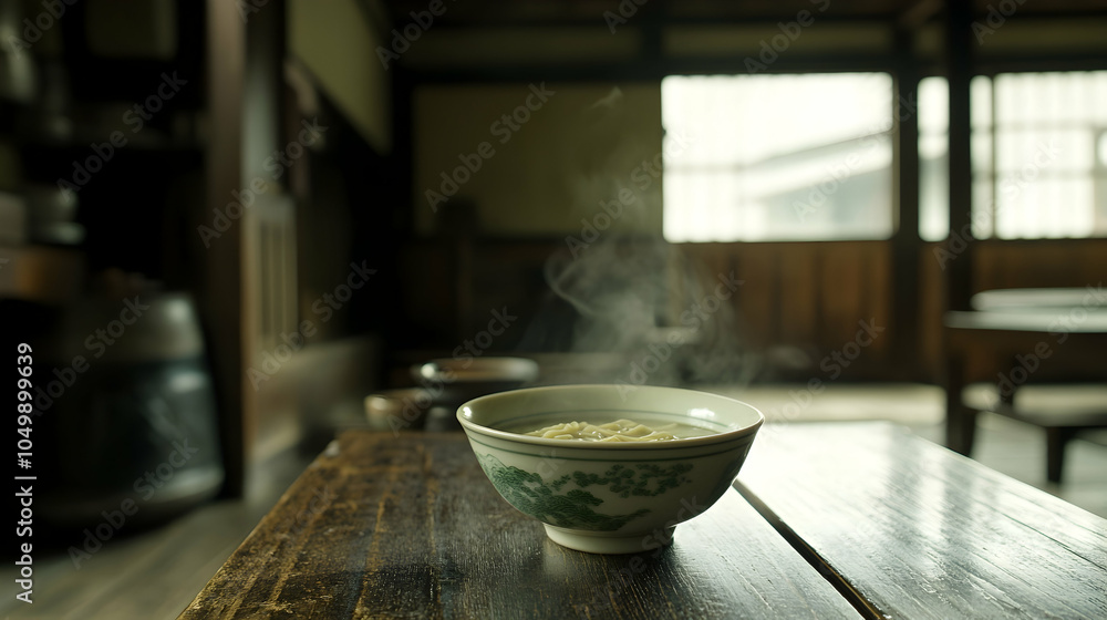 Steaming Bowl of Noodles on a Wooden Table in a Traditional Japanese Home, ramen, udon, soba, Japanese food, Japanese cuisine Steaming Bowl of Noodles on a Wooden Table in a Traditional Japanese Home, ramen, udon, soba, Japanese food, Japanese cuisine