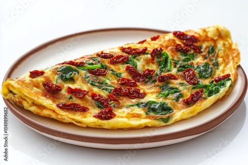 Delicious spinach and sun dried tomato omelet served on a simple plate in a b...