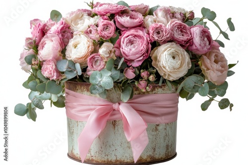 Charming pink and white flowers in a metal bucket with ribbons on a bright ba...