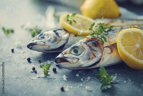 Fresh fish garnished with lemon and herbs on a rustic table ready for cooking...
