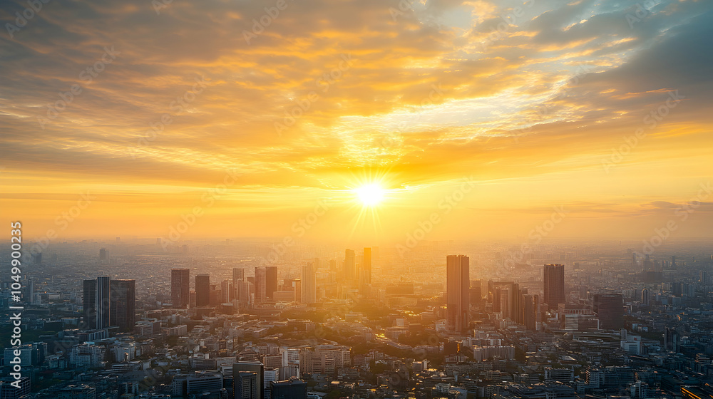Fototapeta premium Golden Sunset Over Cityscape, buildings, skyscrapers, horizon, clouds, yellow