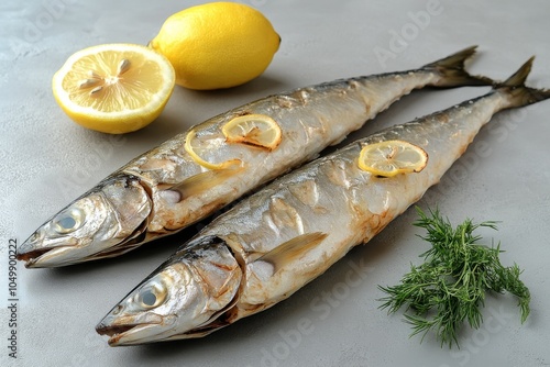 Fresh fish garnished with lemon and herbs on a rustic table ready for cooking...