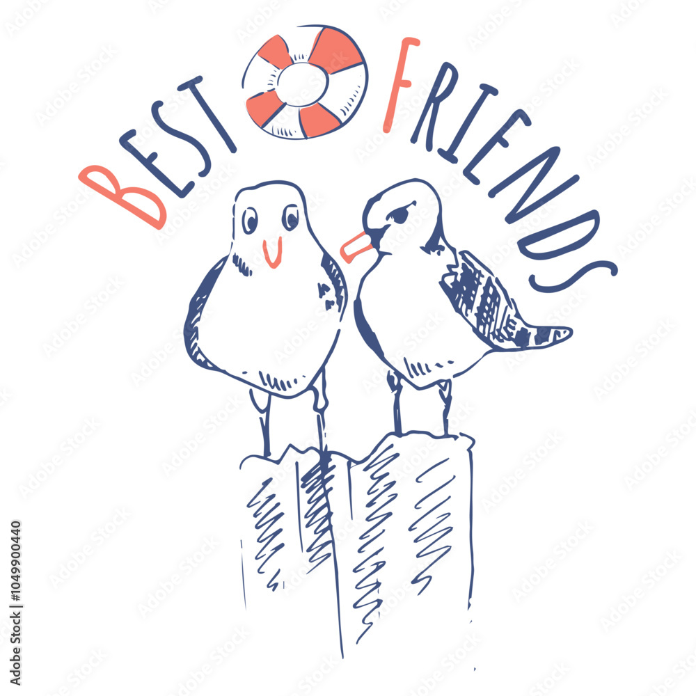 Fototapeta premium Friends two seagulls. Best comrades birds sit on the pier. Inscription and lifebuoy. Help each other. Vector image for a T-shirt, sticker, design.