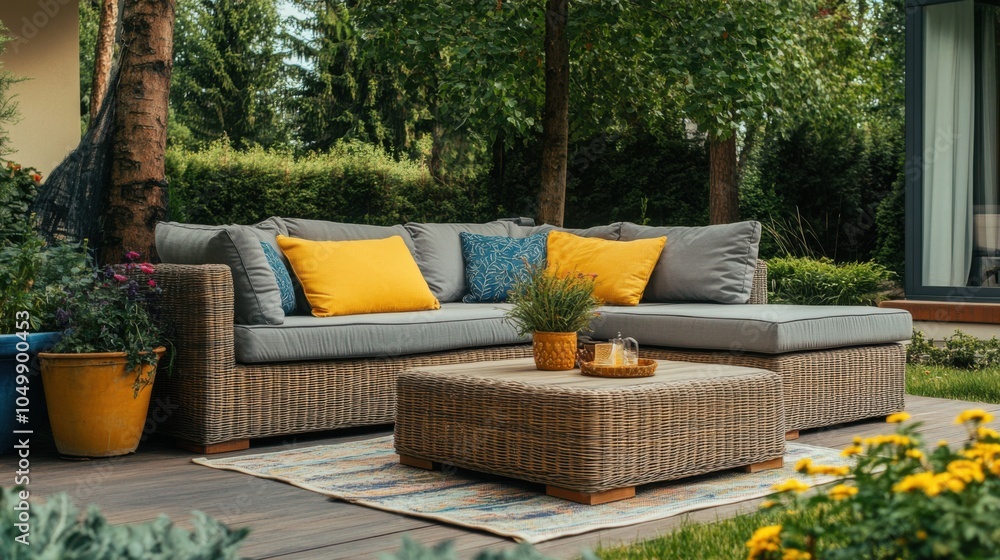 Fototapeta premium Stylish backyard patio with a sleek sectional sofa, colorful cushions, and a low coffee table