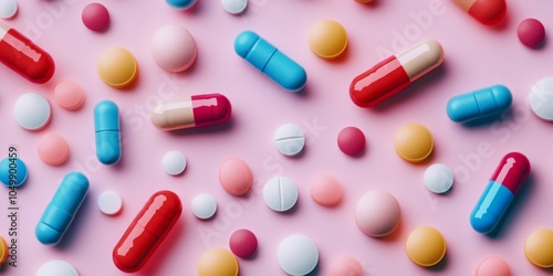 A vibrant array of capsules and pills scattered on a pink backdrop, symbolizing health and wellness.