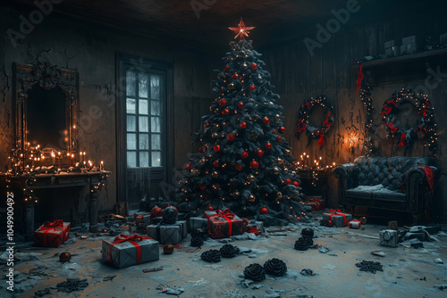 Dark emo Christmas room with a blackened