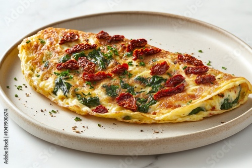 Delicious spinach and sun dried tomato omelet served on a simple plate in a bright kitchen