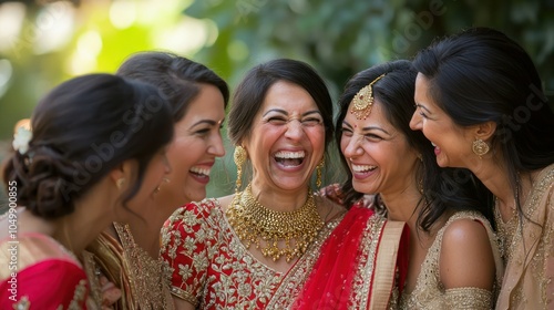 A candid moment of laughter and joy among the wedding party during an Indian wedding celebration