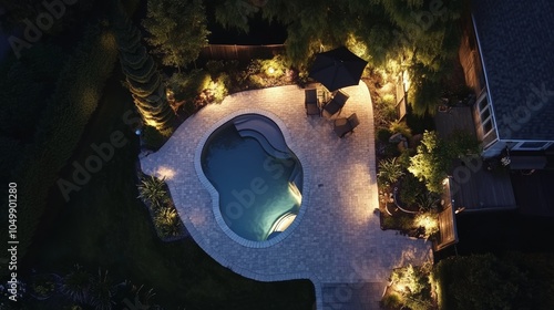 4K night photo of a backyard with a curvy pool, paver patio, and lit landscaping