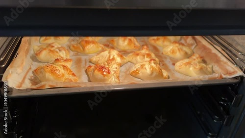 Organic bread baking in oven. Homemade fresh bread. Thanksgiving. Food concept