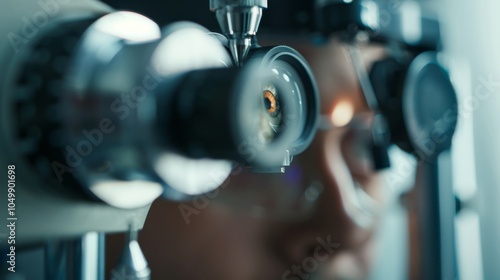 A close-up of an optometrist examining a patient��s eyes with focus on the diagnostic tools and the patient��s eye, set against a bright, clean optometry office background photo