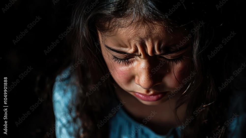 Deep emotion and sorrowful expression of young hispanic girl on dark background, banner. sadness, grief, vulnerability and emotional intensity. Deep emotion and sorrowful expression of young hispanic girl on dark background, banner. sadness, grief, vulnerability and emotional intensity.